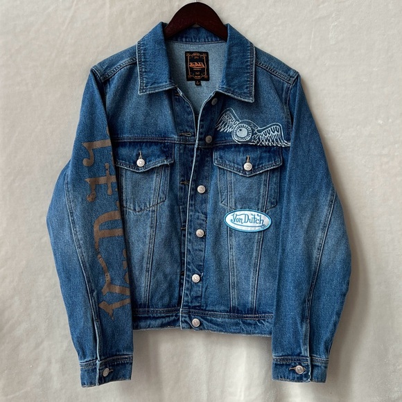 NEW Size Large Von Dutch Womens Cotton Denim Logo Patch Y2K Trucker Jacket - Picture 2 of 10